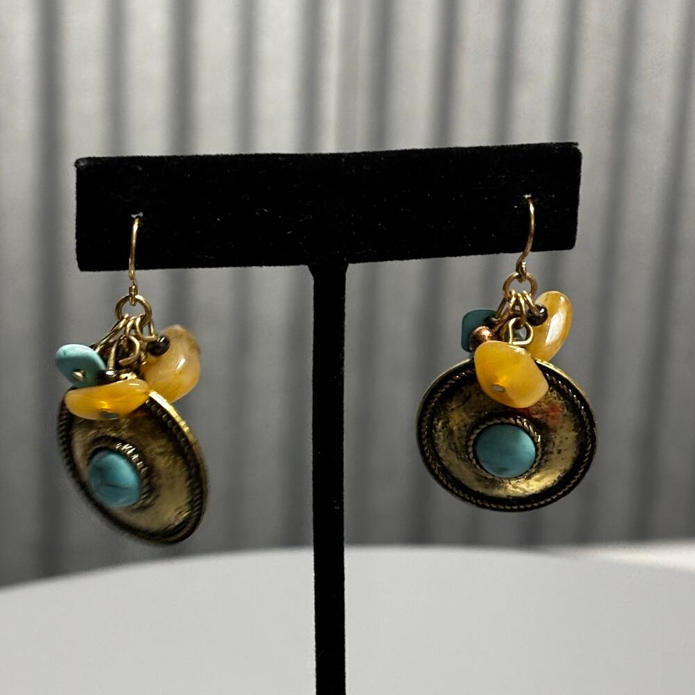 Boho‎ Medallion Earrings Antique Gold Turquoise Dangle Beads Festival Style